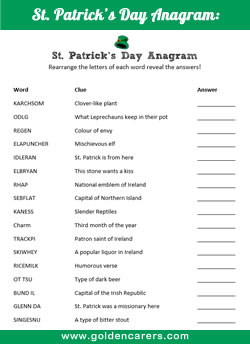 A fun word game to enjoy on St. Patrick's Day! Rearrange the letters of each word reveal the answers.