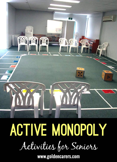 Active Monopoly is almost the same as normal Monopoly (the same rules apply), except that instead of a board and counters/pieces you use the floor and the players walk around the 'board'.