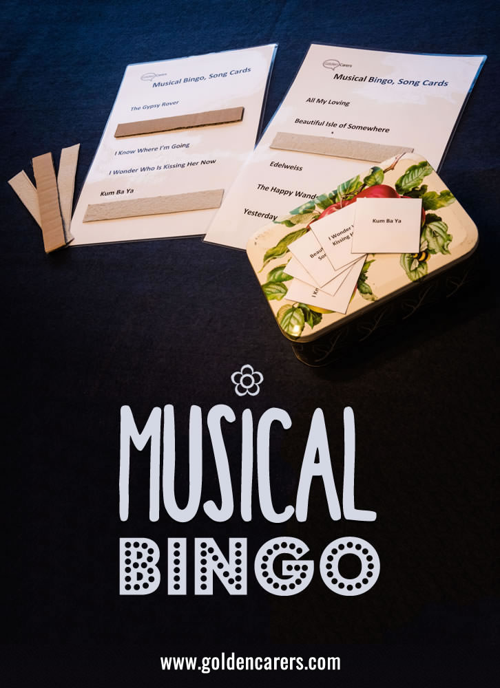 Musical Bingo improves recall and provides opportunities to reminisce. It is also an enjoyable and sociable game. This game was created by a Music Therapist I worked with and it was very popular in our Dementia Care Unit. If you don't have time to put the game together, ask a volunteer to help you. All you need is a computer, a printer and a laminator. This activity includes downloadable song cards and calling cards.
