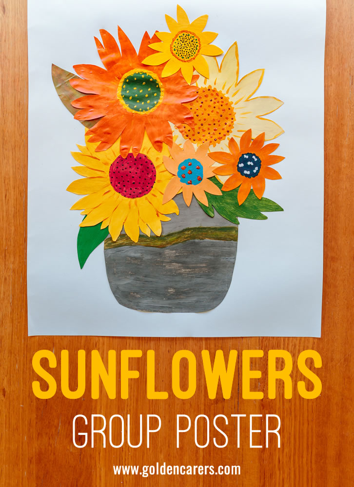 Here is another lovely and engaging creative group activity for seniors in nursing homes and assisted living facilities. Create a beautiful sunflowers poster in a group craft session!