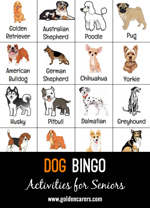 Dog themed picture bingo game.  Great for the residents that are dog lovers! I like to plan it when I know we have therapy dogs visiting as our next activity.  So when we finish and real dogs show up, they love it! Enjoy!