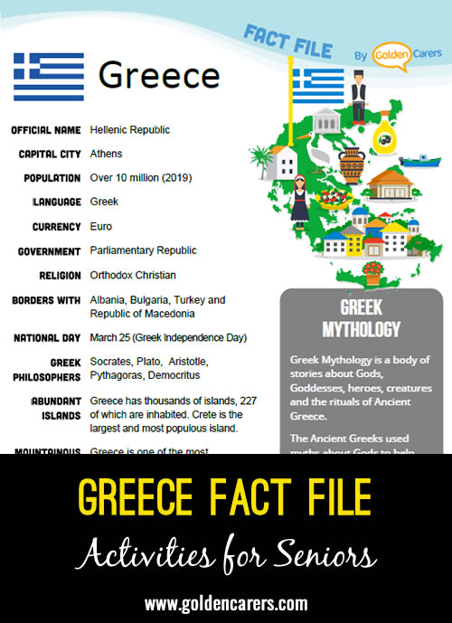 An attractive one-page fact file all about Greece. Print, distribute and discuss!