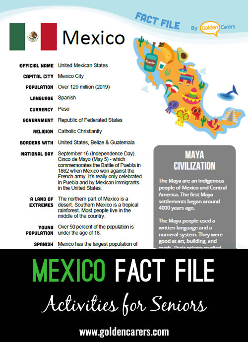An attractive one-page fact file all about Mexico. Print, distribute and discuss!