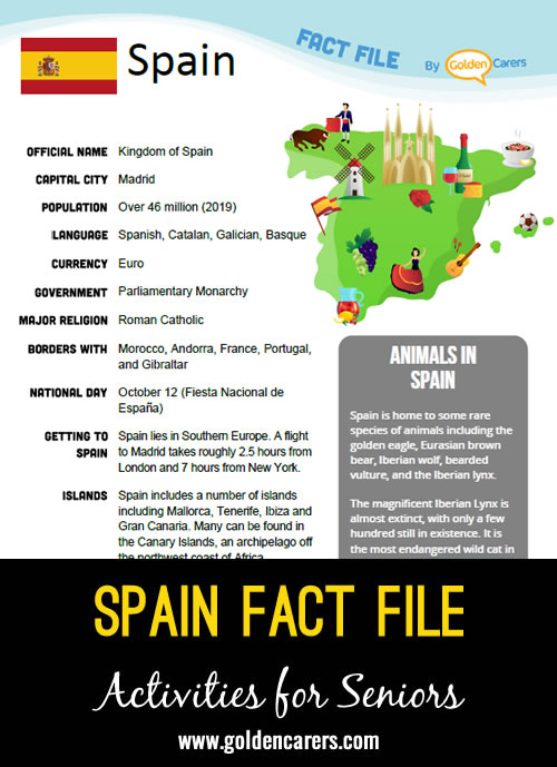 An attractive one-page fact file all about Spain. Print, distribute and discuss!