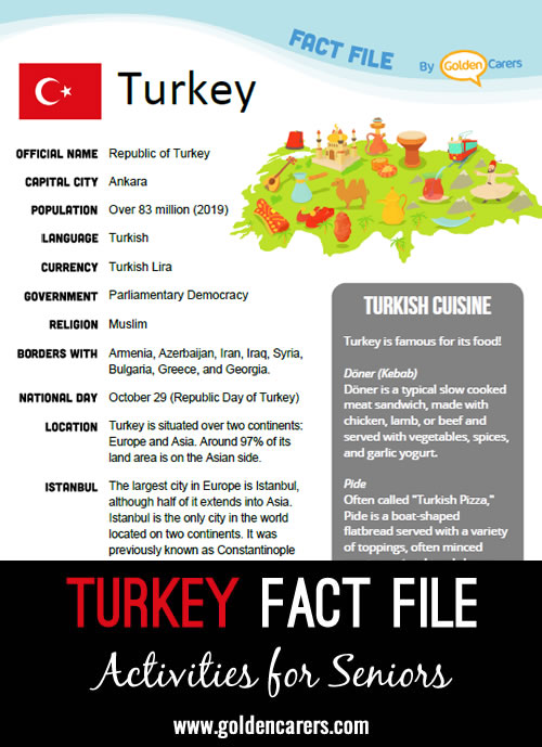 An attractive one-page fact file all about Turkey. Print, distribute and discuss!
