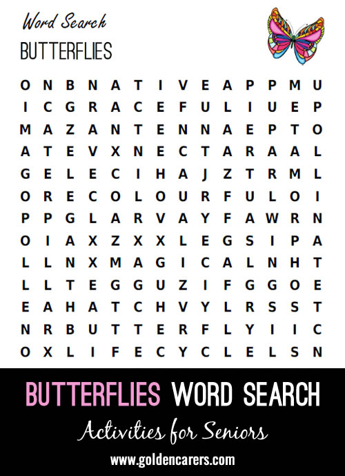 A butterfly themed word search to enjoy!