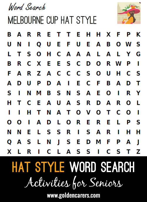 Melbourne Cup Hat Styles Word Search