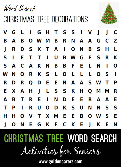 An easy word find puzzle that residents will enjoy solving at Christmas.
