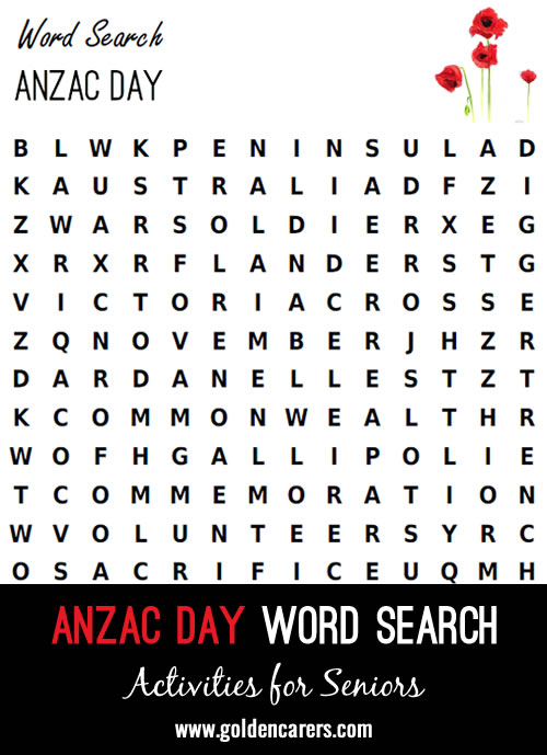 Here is a wordsearch to enjoy on ANZAC Day