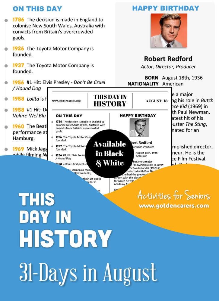 A reminiscing magazine for every day in August! Enjoy the next edition of the popular 'This Day in History' series with historical trivia, jokes, quotes and biographies!