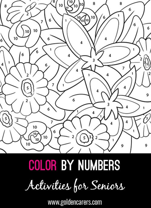 A color by number Flowers activity to enjoy! Use the key provided to color each number and discover the completed image. 