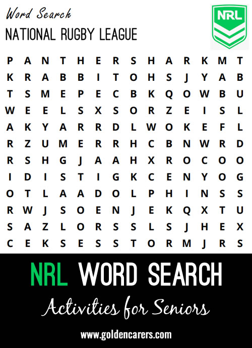 A word search containing all NRL teams in Australia