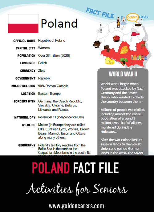 An attractive one-page fact file all about Poland. Print, distribute and discuss!