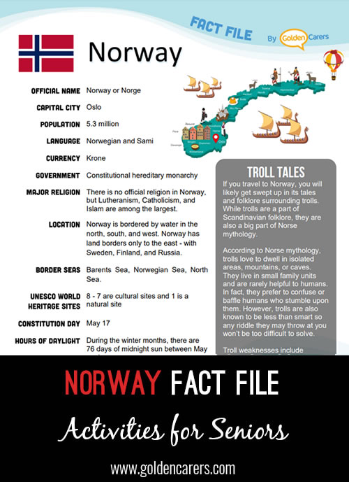 An attractive one-page fact file all about Norway. Print, distribute and discuss!