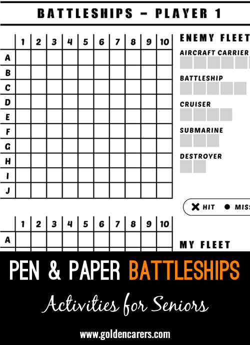 Use the printable battleship grid provided to enjoy a traditional game of battleships! Sink the enemy ships before they sink you! 