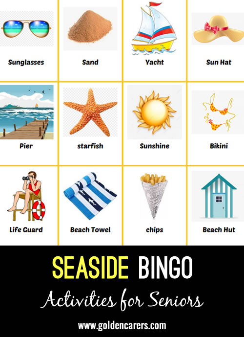 Bingo pictures of seaside objects and activities. Great for triggering reminiscence!