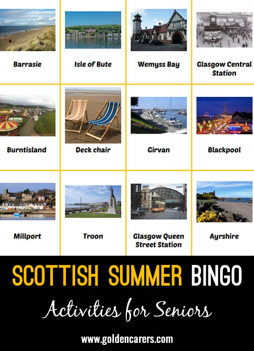 A bingo game using seaside towns and activities. Reminds people of where they went for holidays and what they did there.