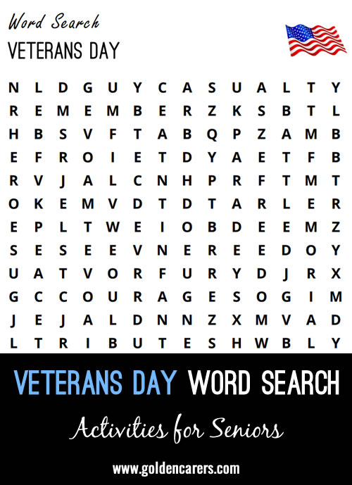 Themed word search to observe Veteran's Day and honor our veterans.