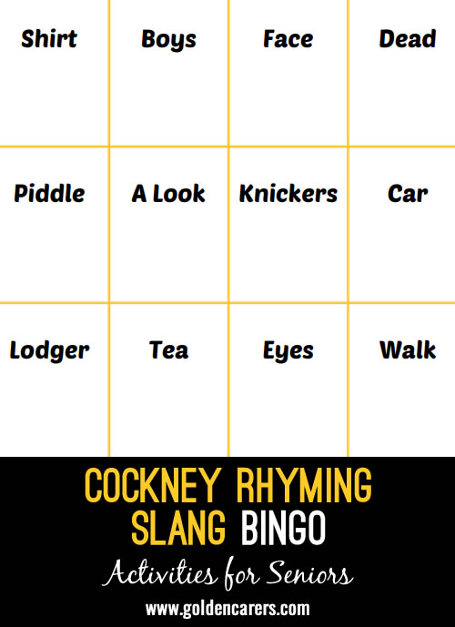 Cockney Rhyming Slang Bingo