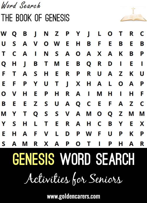 A word search centering on the names you'll find in the first book of the Bible.