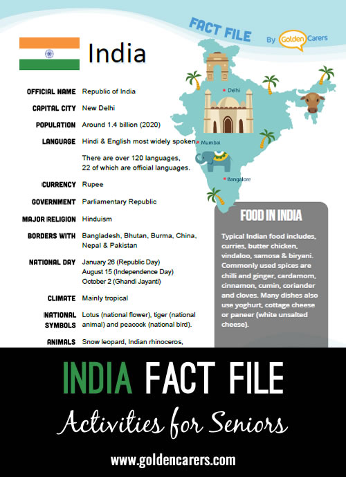 An attractive one-page fact file all about India. Print, distribute and discuss!