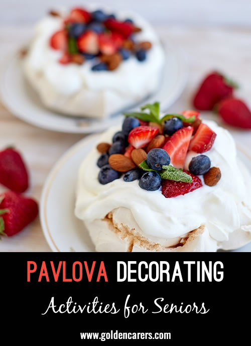 Purchase 2 or 3 Pavlova bases, some whipped cream, strawberries, bananas, or any other seasonal fruits at the time.