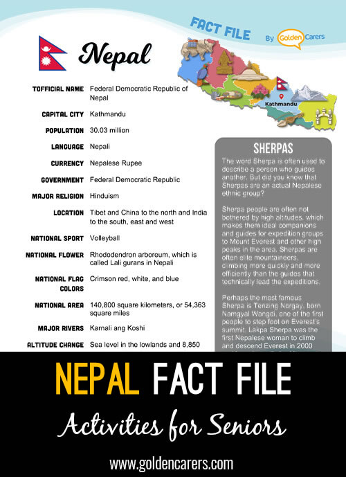 An attractive one-page fact file all about Nepal. Print, distribute and discuss!