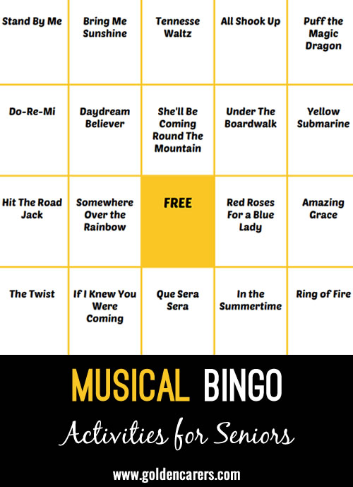 This is a great musical reminiscence game for all abilities. Even those who can't manage to play enjoy the songs. I have the playlist on my phone connected to a Bluetooth speaker, and play the songs in random order. The residents enjoy guessing the song and then crossing it off their bingo board.