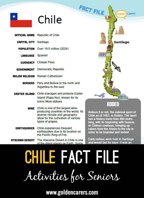 An attractive one-page fact file all about Chile. Print, distribute and discuss!