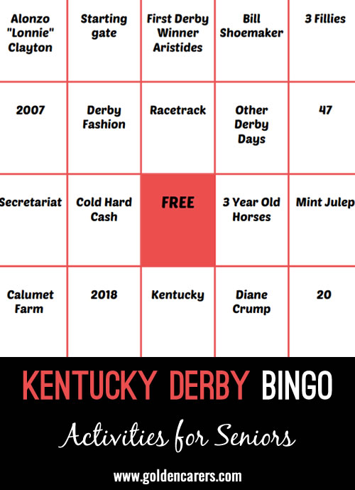 Kentucky Derby-related items, fashion and facts presented in a bingo-style game.  