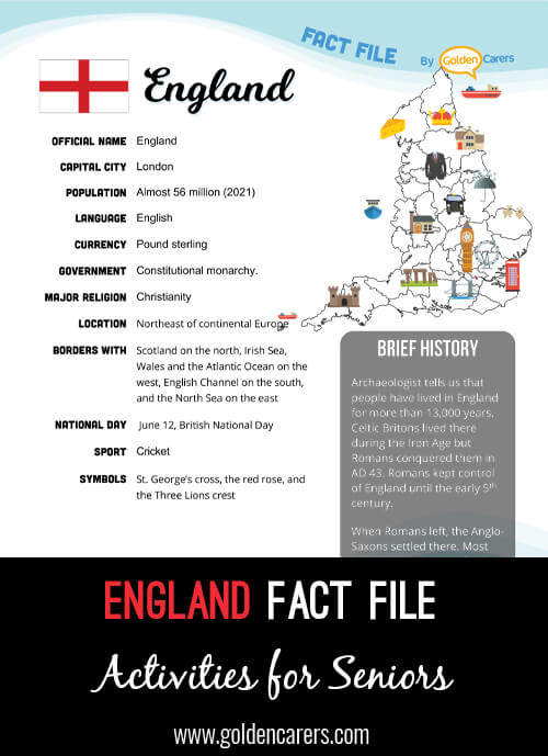 An attractive one-page fact file all about England. Print, distribute and discuss!