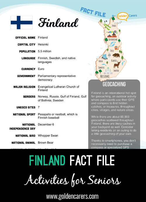 An attractive one-page fact file all about Finland. Print, distribute and discuss!