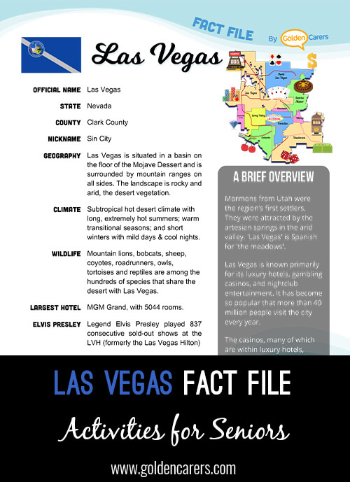 An attractive one-page fact file all about Las Vegas. Print, distribute and discuss!