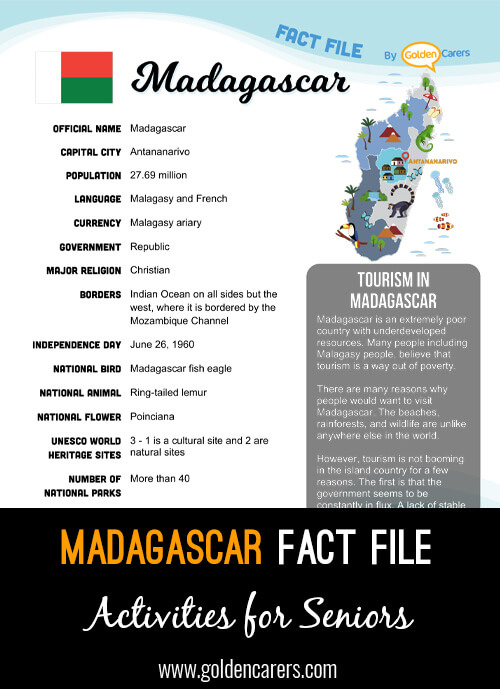 An attractive one-page fact file all about Madagascar. Print, distribute and discuss!