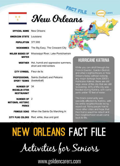 An attractive one-page fact file all about New Orleans. Print, distribute and discuss!