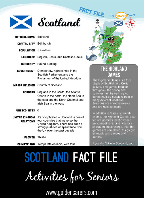 An attractive one-page fact file all about Scotland. Print, distribute and discuss!