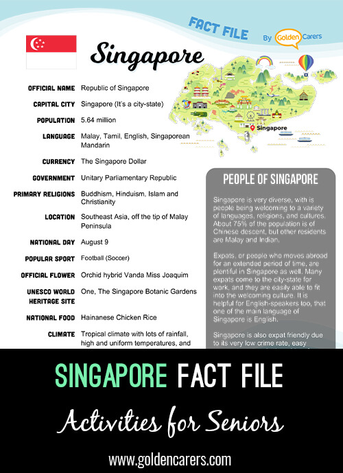 An attractive one-page fact file all about Singapore. Print, distribute and discuss!