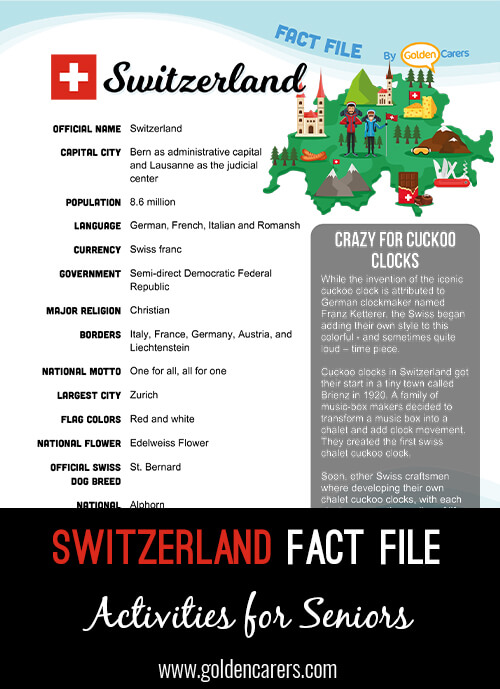 An attractive one-page fact file all about Switzerland. Print, distribute and discuss!