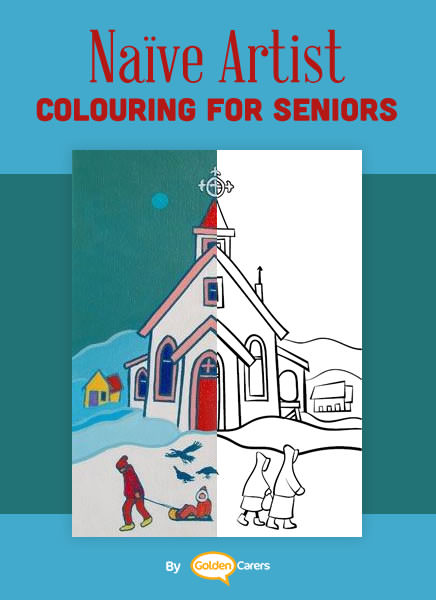 Famous Naïve Art Colouring Pages for Seniors: Here is an impression of a work of art by Ted Harrison.