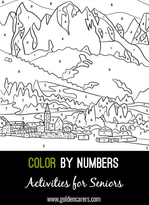 A color by number Village activity to enjoy! Use the key provided to color each number and discover the completed image. 